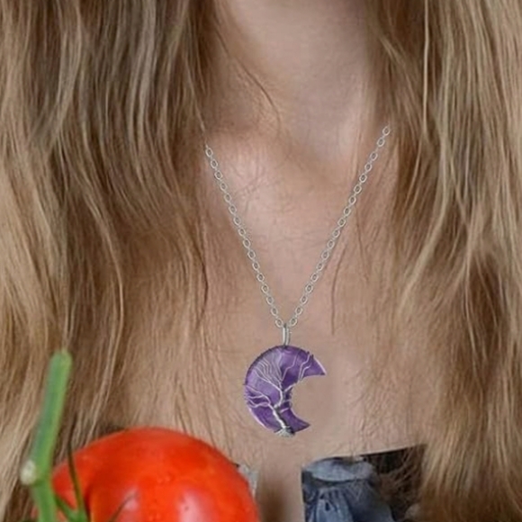 Wire Wrapped Tree Of Life Amethyst  Crescent Moon Pendant Necklace NWT - Picture 2 of 3